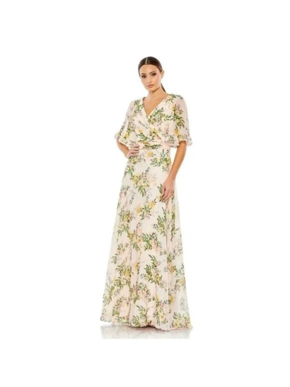 MAC DUGGAL 11320 Floral Print Chiffon A-Line Gown Maxi Dress Peach Size 4 NWT